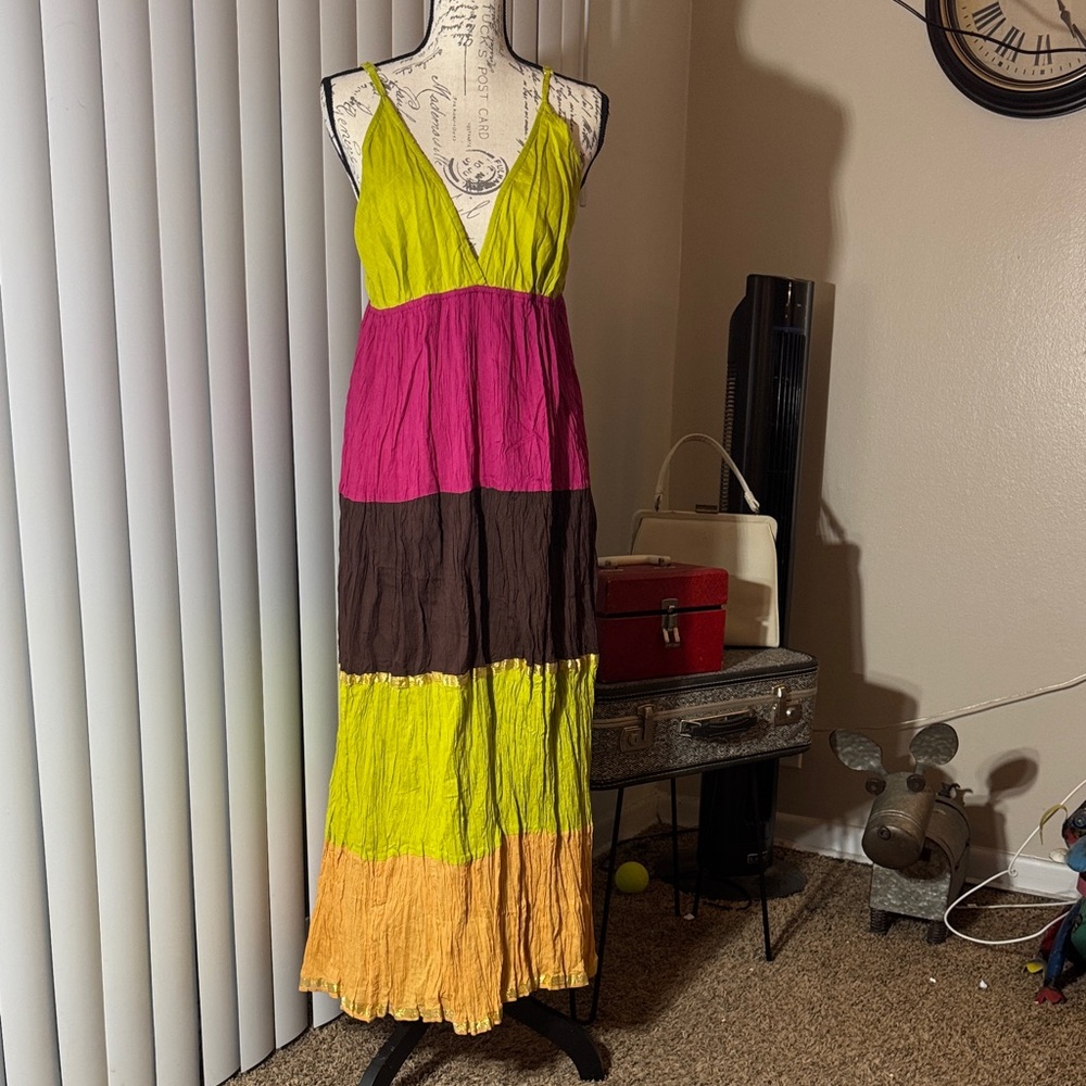 Colorblock Spaghetti-Strap Maxi Dress in Lime, Fuchsia, Brown & Orange